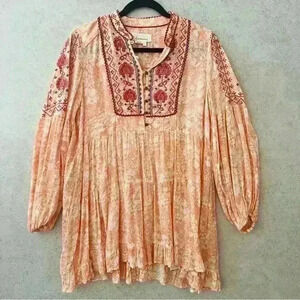 ANTHROPOLOGIE COLORFUL BOHO FLORAL EMBROIDERED FLOWING SUNDRESS SUMMER LONG SLEE